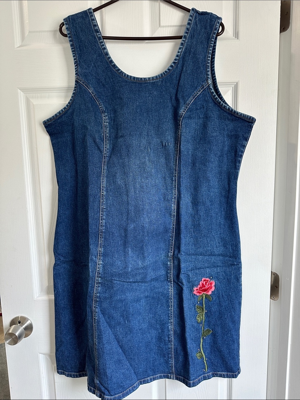 BONGO Blue Denim Midi Dress with Pink Rose Embroidery